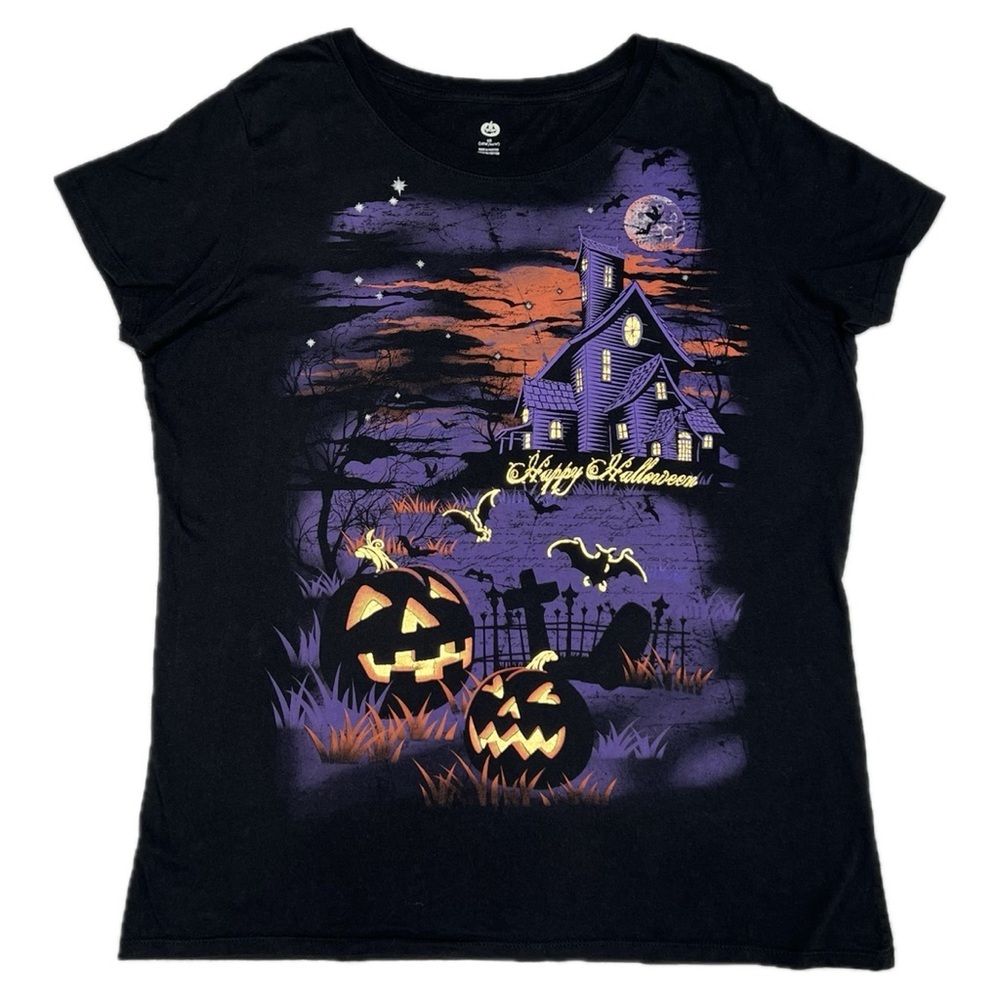 Halloween Graphic Tee Spooky Haunted House Pumpkins Bats Cotton Black 2X 18W 20W